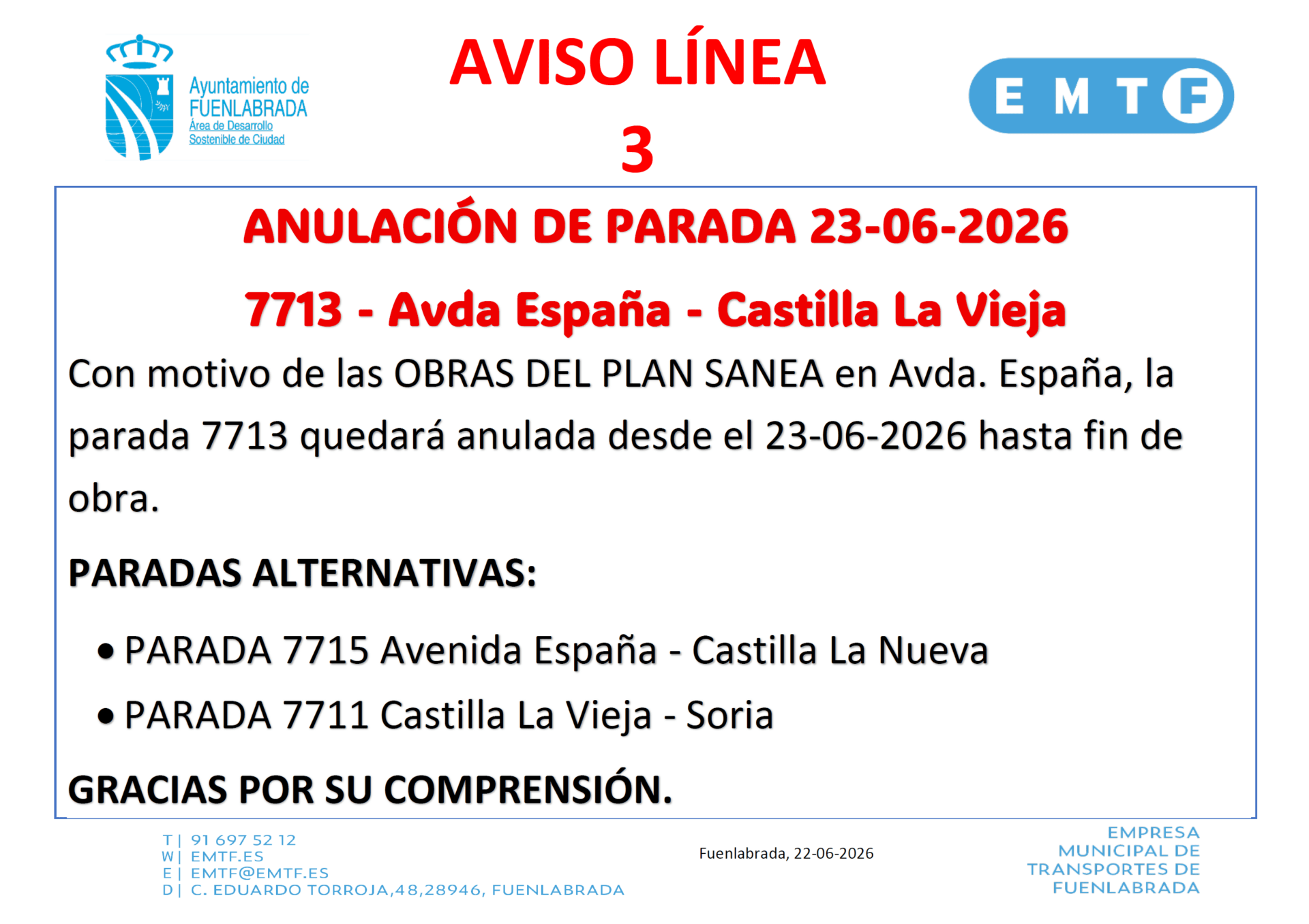 Anulación parada 7713 por obras Plan Sanea